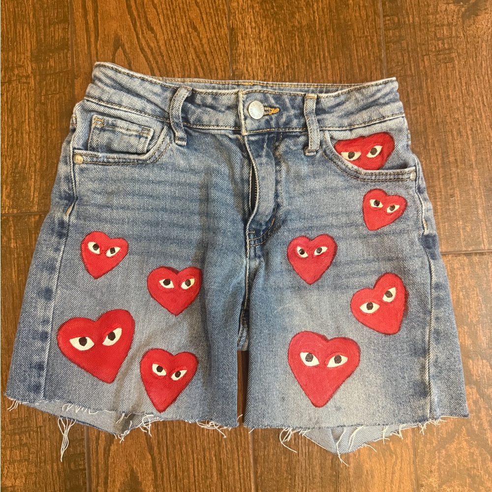 Kids art class Denim hand painted Shorts with Red Hearts